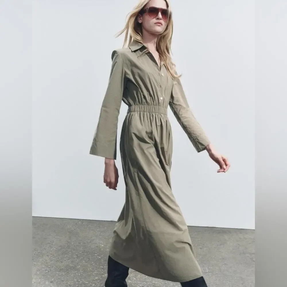zara shirt dress khaki NWT ZARA KHAKI FAUX LEATHER SHIRT DRESS 3046/271
